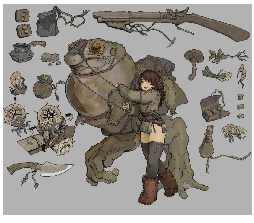 bonesfish boots bottle brown_hair bug bullet canteen female grey_background gun herb highres knife leaf leather_bag leather_belt lizard long_hair metal mold_(casting) monster mushroom muzzle original plant_roots pot saddle tentacle thighhighs weapon