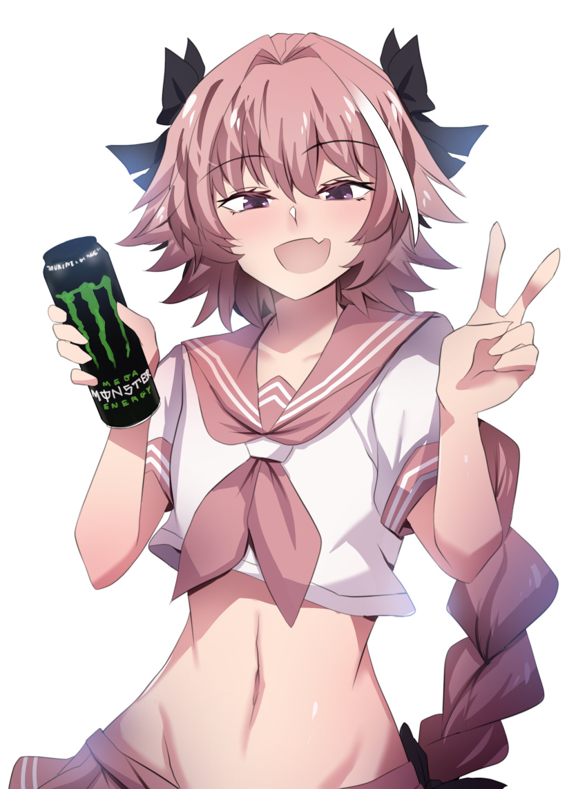 1boy :d absurdres astolfo_(fate) astolfo_(sailor_paladin)_(fate) astolfo_monster_cosplay_(meme) black_bow blush bow braid braided_ponytail can collarbone commentary crop_top energy_drink english_commentary fate/apocrypha fate/grand_order fate_(series) groin hair_between_eyes hair_intakes hair_ornament hair_ribbon hairbow half-closed_eyes highres hinghoi holding holding_can long_braid long_hair looking_at_viewer male_focus meme midriff monster_energy multicolored_hair navel neckerchief oerba_yun_fang official_alternate_costume open_mouth otoko_no_ko pink_hair pink_neckerchief pink_sailor_collar pink_skirt purple_eyes ribbon sailor_collar school_uniform serafuku shirt short_sleeves simple_background single_braid skin_fang skirt smile solo streaked_hair upper_body v very_long_hair white_background white_hair white_shirt