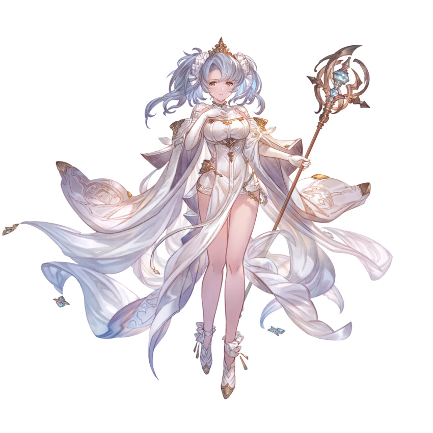 blue_hair breasts brown_eyes closed_mouth elbow_gloves female full_body gloves granblue_fantasy hair_ornament hand_on_own_chest high_heels holding holding_staff large_breasts long_hair looking_at_viewer official_art solo sophia_(granblue_fantasy) staff standing swept_bangs transparent_background twintails white_gloves