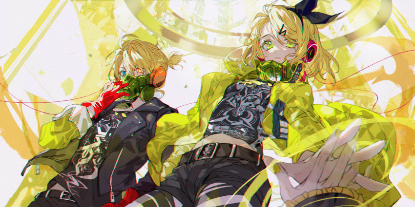 1boy 2girls adjusting_mask alternate_costume belt blonde_hair blue_eyes blurry bow breasts brother_and_sister cable depth_of_field dual_persona foreshortening frilled_sleeves frills from_below gloves hair_ornament hairbow hairclip headphones heterochromia highres hitokoto interlocked_fingers jacket kagamine_len kagamine_rin kagamine_rin_(roshin_yuukai/hard_rkmix) looking_at_viewer mask mask_around_neck midriff midriff_peek multicolored_clothes multicolored_jacket multiple_girls navel out_of_frame outstretched_arm outstretched_hand pale_skin parted_lips pov pov_hands print_shirt reaching reaching_towards_viewer red_gloves respirator roshin_yuukai_(vocaloid) shirt short_ponytail shorts siblings small_breasts torn_clothes torn_legwear twins two-tone_jacket vocaloid yellow_eyes yellow_jacket yellow_nails