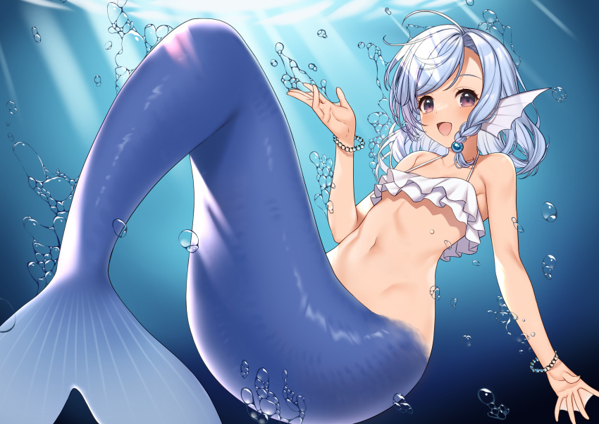 :d absurdres air_bubble bare_arms bare_shoulders bikini bikini_top_only blue_hair bracelet braid bubble commentary_request day elliot_leucosia enjo_kouhai female fins head_fins highres jewelry light_rays looking_at_viewer mermaid monster_girl monsterification navel open_mouth purple_eyes short_hair side_braid smile solo stomach sunbeam sunlight swept_bangs swimsuit takunomi underwater white_bikini