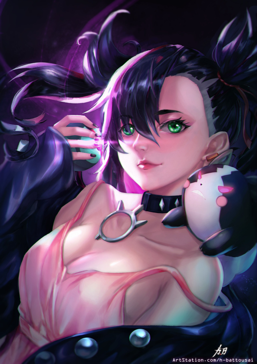 absurdres artstation_username asymmetrical_bangs black_choker black_hair black_jacket blush breasts choker cleavage commentary dress dusk_ball earrings female green_eyes hair_ribbon highres hitokiri_battousai holding holding_poke_ball jacket jewelry large_breasts long_hair long_sleeves looking_at_viewer marnie_(pokemon) md5_mismatch morpeko morpeko_(hangry) off_shoulder on_shoulder open_clothes pink_dress poke_ball pokemon pokemon_(creature) pokemon_on_shoulder pokemon_swsh red_ribbon ribbon smile twintails watermark web_address