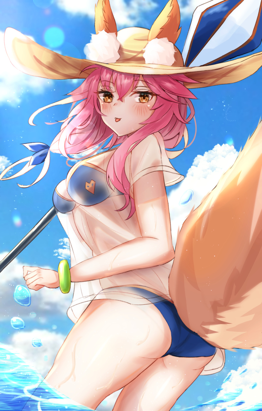 animal_ears ass bikini fate/grand_order kitsune panipo2501 see_through swimsuits tail tamamo_no_mae wet