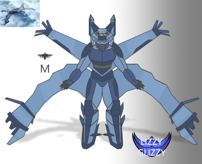 2021 aircraft airplane anthro banshee_(yukikaze) blue_body english_text front_view gradient_background hi_res living_aircraft living_machine living_vehicle lizzyglizzy machine male shadow simple_background text vehicle watermark yellow_eyes yukikaze