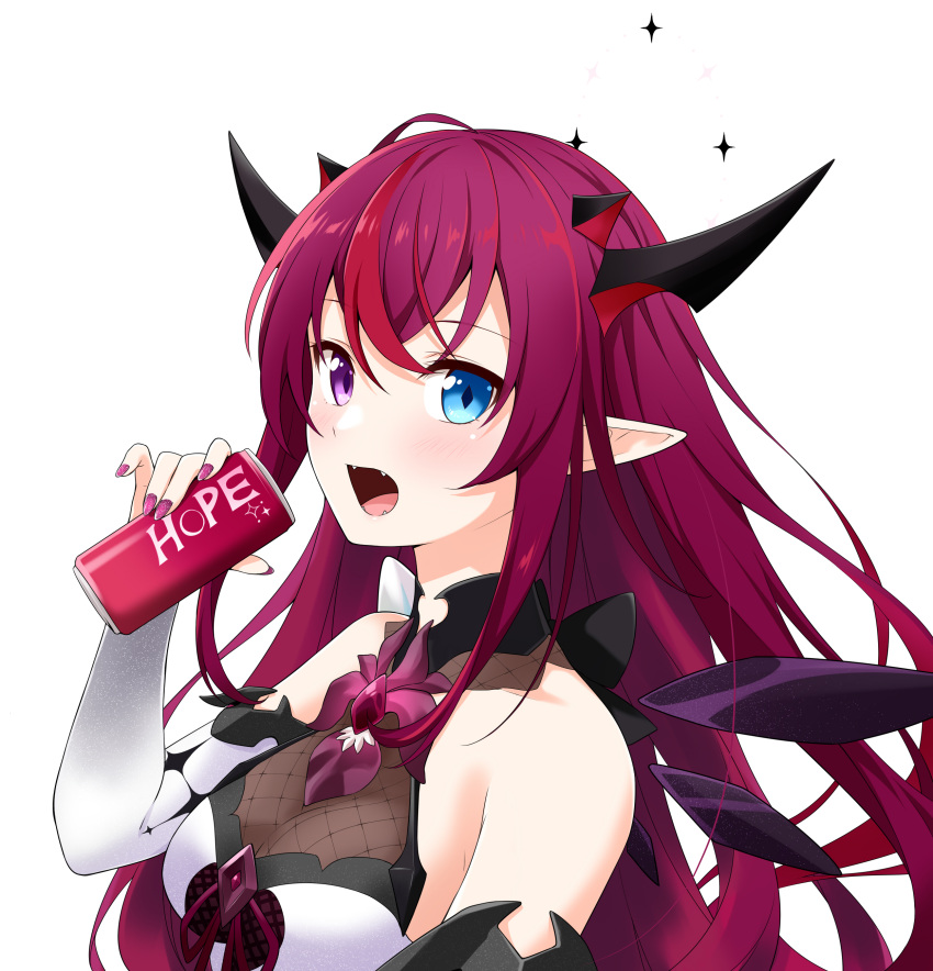 absurdres bare_shoulders blue_eyes breasts can detached_sleeves detached_wings drink_can fangs felutiahime female fingernails halterneck heterochromia highres holding holding_can hololive hololive_english horns irys_(hololive) irys_(irys_1.0)_(hololive) long_hair medium_breasts multicolored_hair multiple_horns nail_polish open_mouth pink_hair pink_nails pointy_ears purple_eyes purple_hair soda_can solo very_long_hair virtual_youtuber wings