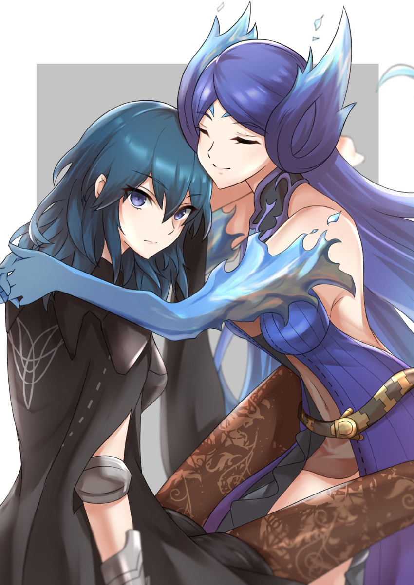 2girls armlet armor blue_eyes blue_hair blush bodice breasts brighid_(xenoblade) brown_pantyhose bustier byleth_(female)_(fire_emblem) byleth_(fire_emblem) cape capelet cleavage closed_eyes collarbone company_connection ega-chan elbow_gloves fire fire_emblem fire_emblem:_three_houses floral_print gloves hair_between_eyes hair_ornament highres hug itou_shizuka large_breasts long_hair looking_at_viewer multiple_girls navel nintendo pantyhose pantyhose_under_shorts patterned_legwear plunging_neckline print_pantyhose purple_hair shorts shoulder_armor simple_background smile vambraces voice_actor_connection waist_cape xenoblade_chronicles_(series) xenoblade_chronicles_2