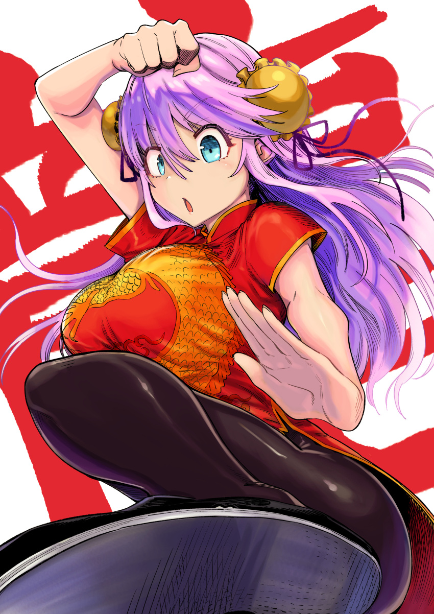 absurdres aqua_eyes breasts bun_cover china_dress chinese_clothes double_bun dress female fighting_stance foreshortening freiya_(kaiyari) haga_souken hair_bun hair_ornament highres kaifuku_jutsushi_no_yarinaoshi_~sokushi_mahou_to_skill_copy_no_chouetsu_heal~ large_breasts long_hair open_mouth pink_hair purple_hair red_dress solo