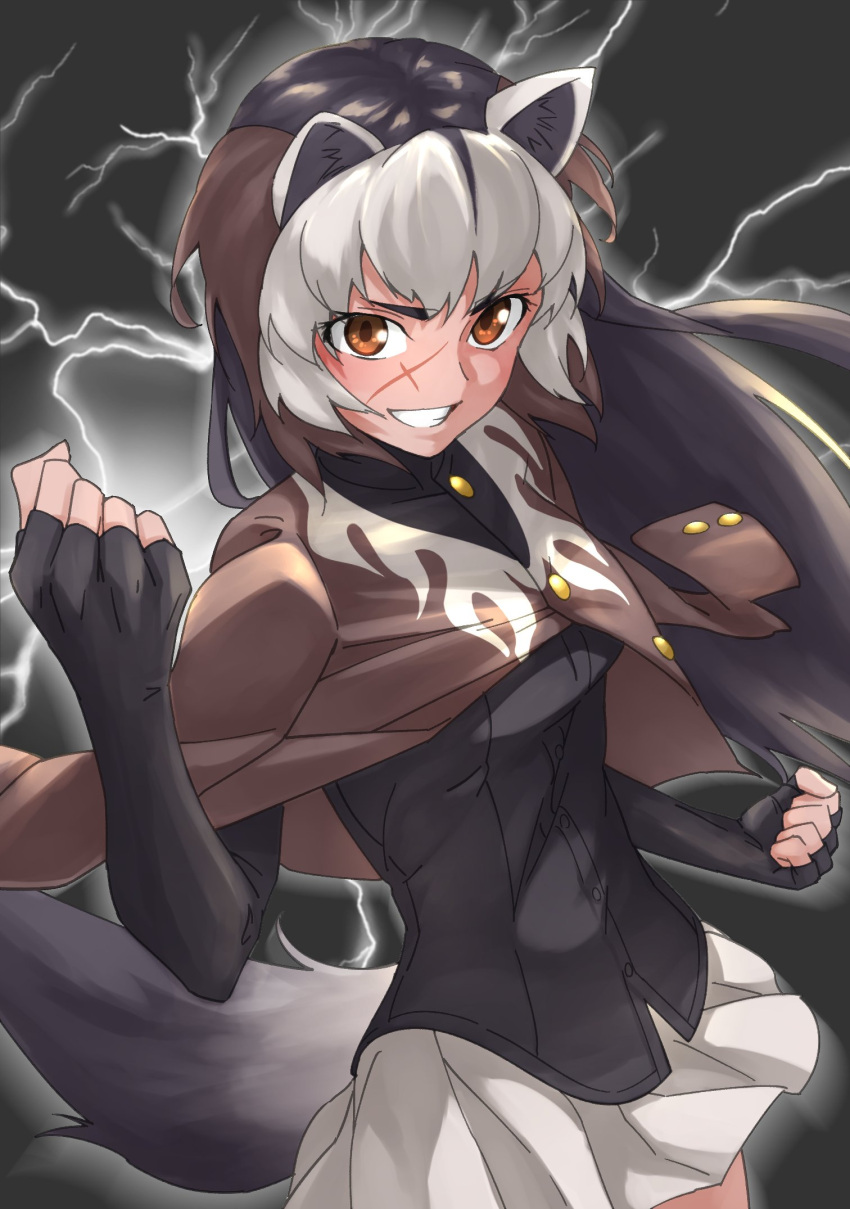 animal_ears black_hair black_shirt brown_hair brown_jacket commentary cowboy_shot elbow_gloves female fingerless_gloves gloves grin highres jacket jacket_on_shoulders kemono_friends lightning long_hair looking_at_viewer multicolored_hair orange_eyes pleated_skirt pose scar scar_on_face shirt skirt smile solo tail tan tanabe_(fueisei) white_hair white_skirt wolverine_(kemono_friends)