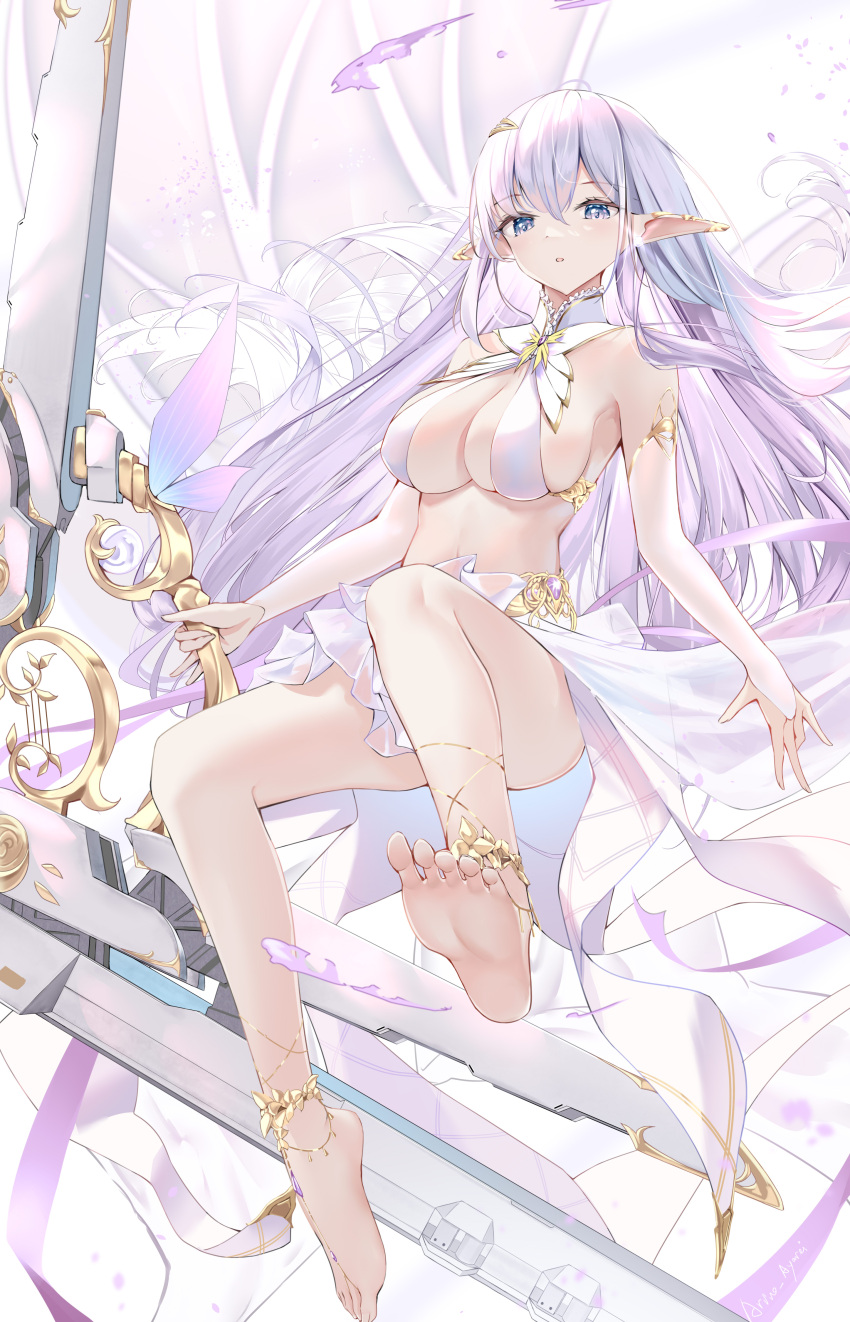 absurdres albion_(azur_lane) anklet arino_ayarei azur_lane bare_legs bare_shoulders barefoot barefoot_sandals_(jewelry) breasts bridal_gauntlets cleavage commentary_request criss-cross_halter elbow_gloves feet female full_body gloves gold_trim gradient_hair halterneck highres holding jewelry large_breasts legs long_hair multicolored_hair parted_lips pointy_ears purple_eyes purple_hair revealing_clothes skirt soles solo toes white_hair