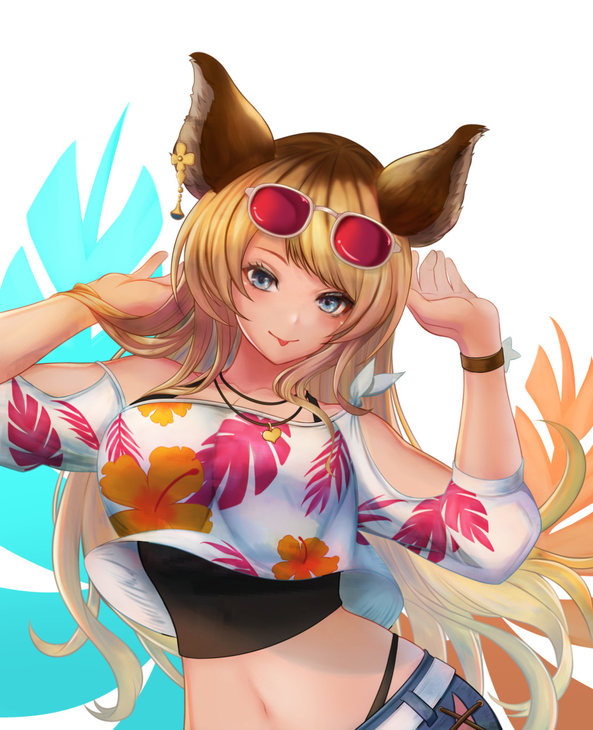 :p animal_ears arms_up bad_id bad_pixiv_id bare_shoulders belt blonde_hair blue_eyes breasts crop_top denim denim_shorts erune eyelashes eyeliner eyewear_on_head female floral_print granblue_fantasy highres jewelry kangaruu_(momotk1109) large_breasts looking_at_viewer makeup mari_(granblue_fantasy) midriff navel necklace parted_bangs shorts simple_background solo sunglasses tongue tongue_out upper_body wristband