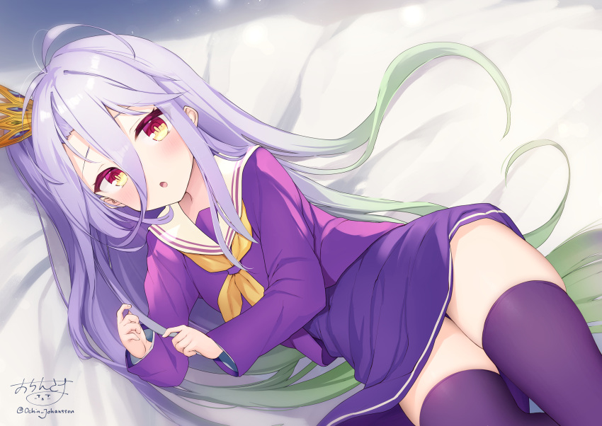 bed_sheet commentary_request crown feet_out_of_frame female gradient_hair green_hair hair_between_eyes highres long_hair long_sleeves looking_at_viewer mini_crown multicolored_hair neckerchief no_game_no_life ochinsama purple_hair purple_serafuku purple_shirt purple_skirt purple_thighhighs red_eyes sailor_collar school_uniform serafuku shiro_(no_game_no_life) shirt signature skirt solo thighhighs tilted_headwear twitter_username very_long_hair white_sailor_collar yellow_neckerchief