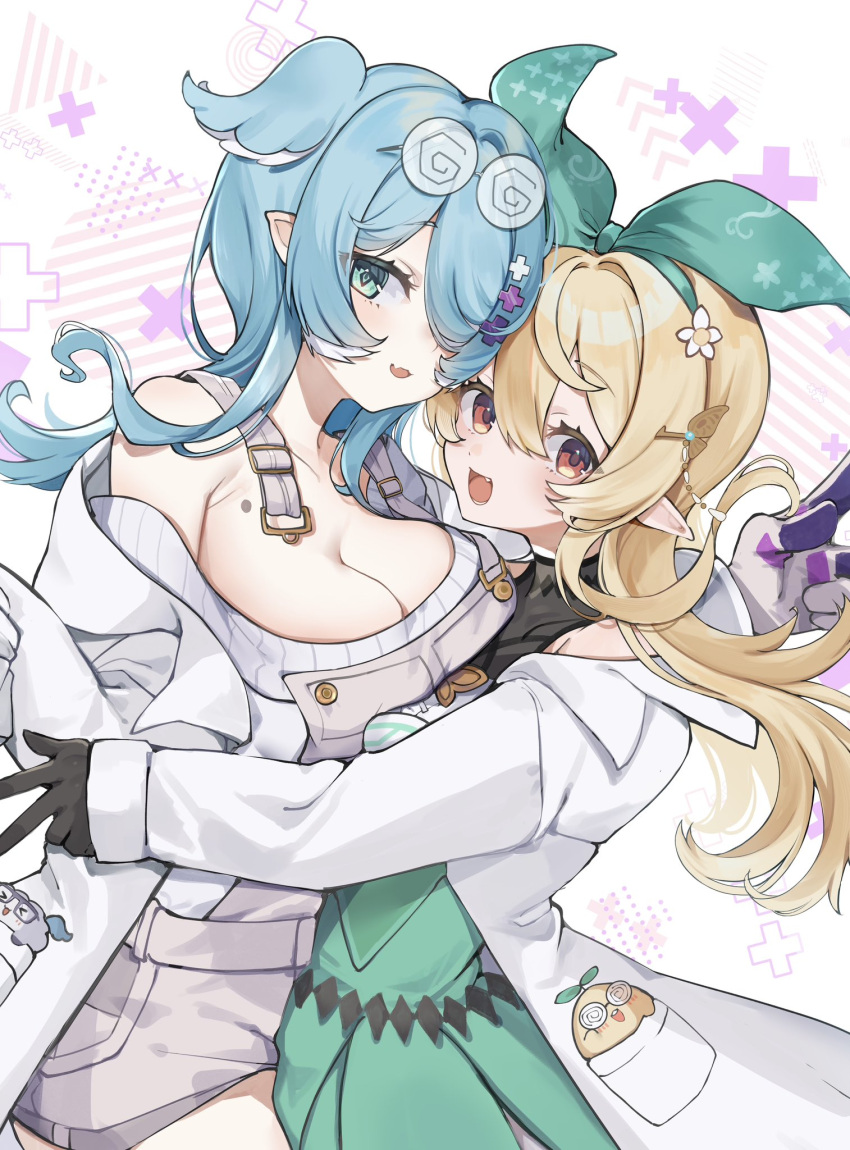 2girls aqua_eyes black_gloves blonde_hair blue_hair blue_wings breasts cleavage coat coke-bottle_glasses elira_pendora elira_pendora_(1st_costume) eyewear_on_head famelira_(elira_pendora) glasses gloves hair_ornament hair_over_one_eye head_wings highres lab_coat long_hair looking_at_viewer multicolored_hair multiple_girls nijisanji nijisanji_en oimo_0imo one_eye_covered open_clothes open_coat pointy_ears pomu_rainpuff pomu_rainpuff_(1st_costume) pomudachi_(pomu_rainpuff) red_eyes turing_love virtual_youtuber white_hair wings x_hair_ornament