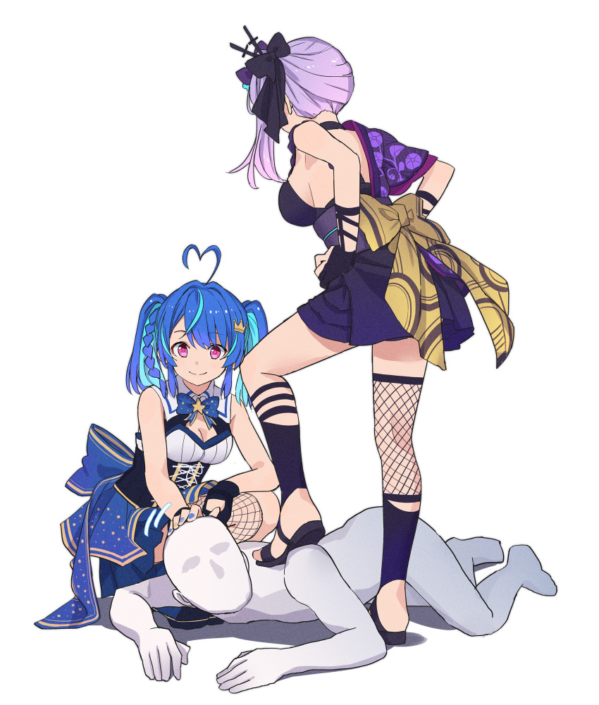 1boy 2girls ahoge alive_musix asano_ruri asano_sisters_project blue_hair bow braid breasts cleavage_cutout clothing_cutout commentary faceless faceless_male femdom fishnets from_behind hair_ornament hand_on_another's_head hands_on_own_hips heart heart_ahoge highres japanese_clothes kimono mair_(alive_musix) medium_hair multiple_girls ninja purple_hair sandals sash sideboob sleeveless sleeveless_kimono smile stepped_on straight toromera twintails virtual_youtuber white_background