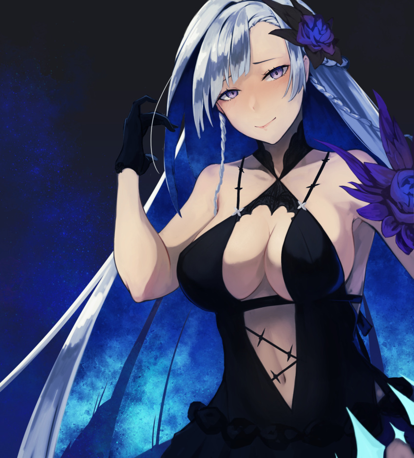 bare_shoulders blue_hair breasts brynhildr_(fate) brynhildr_(swimsuit_berserker)_(fate) brynhildr_(swimsuit_berserker)_(second_ascension)_(fate) collarbone dress_swimsuit fate/grand_order fate_(series) female flower gloves hair_flower hair_ornament highres large_breasts long_hair mori_yashiro_(konkon_oyashiro) multicolored_hair navel purple_eyes purple_flower purple_rose rose smile solo starry_background swimsuit two-tone_hair very_long_hair