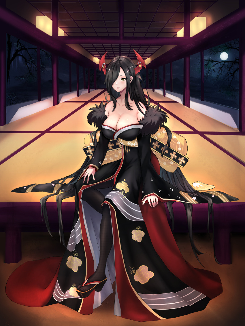 absurdres azur_lane bare_shoulders black_hair black_pantyhose breasts cleavage collarbone dintea female friedrich_der_grosse_(azur_lane) friedrich_der_grosse_(dark_raiments_of_gagaku)_(azur_lane) fur_collar hair_ornament highres japanese_clothes kimono large_breasts long_hair looking_at_viewer official_alternate_costume on_floor one_eye_covered pantyhose sandals simple_background sitting solo yellow_eyes