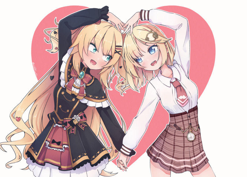 2girls :d akai_haato akai_haato_(gothic_lolita) blonde_hair blue_eyes blush grey_background hair_ornament hairclip heart heart_arms_duo heart_background heart_hair_ornament holding_hands hololive hololive_english kiirokuma long_hair long_sleeves looking_at_another multiple_girls necktie open_mouth pocket_watch red_necktie ribbon short_hair smile twitter_username two_side_up virtual_youtuber watch watson_amelia watson_amelia_(1st_costume)