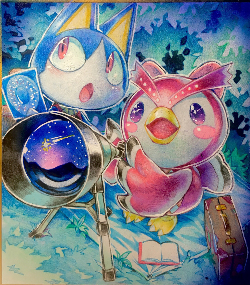 1boy animal_crossing animal_ears beak blush blush_stickers book card cat_ears cat_tail celeste_(animal_crossing) claws commentary_request female from_above full_body furry grass hand_up happy highres holding looking_up night open_book open_mouth outdoors outline photo_(medium) purple_eyes red_eyes reflection rover_(animal_crossing) shooting_star smile standing star_(sky) suitcase tail tamanosuke tarpaulin telescope traditional_media tree white_outline wings