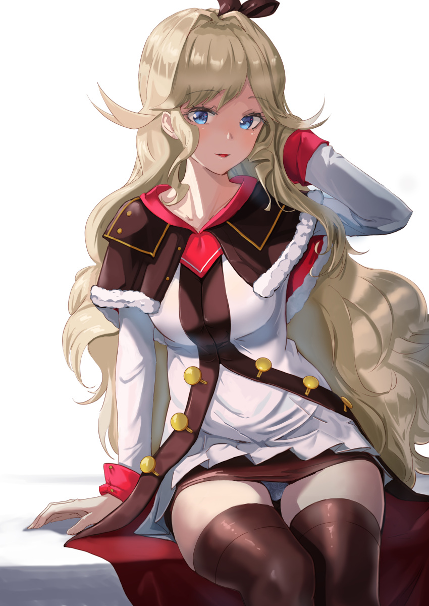 absurdres arm_behind_head arm_support azur_lane black_skirt black_thighhighs blonde_hair blue_eyes blush breasts brown_capelet brown_ribbon capelet coat commentary cowboy_shot dorsetshire_(azur_lane) dress female hair_between_eyes hair_intakes hair_ribbon highres long_hair long_sleeves looking_at_viewer medium_breasts miniskirt panties pantyshot parted_lips partially_unbuttoned ribbon sankyo_(821-scoville) sidelocks simple_background sitting skirt smile solo thighhighs underwear upskirt very_long_hair white_background white_coat white_dress white_panties zettai_ryouiki