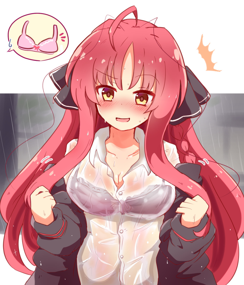 ^^^ ahoge black_jacket black_ribbon blush bra braid breasts cleavage clenched_hands collarbone collared_shirt commentary_request dracu-riot! embarrassed eyes_visible_through_hair female frilled_bra frills full-face_blush hair_intakes hair_ribbon hair_spread_out hakutocake hands_up highres jacket large_breasts long_hair long_sleeves looking_down motion_lines nervous_smile off_shoulder open_clothes open_jacket open_mouth parted_bangs pink_bra rain ribbon see-through see-through_shirt shirt sidelocks simple_background single_braid smile solo speech_bubble underwear undressing upper_body very_long_hair wavy_hair wet wet_clothes wet_shirt white_background white_shirt yarai_miu yellow_eyes