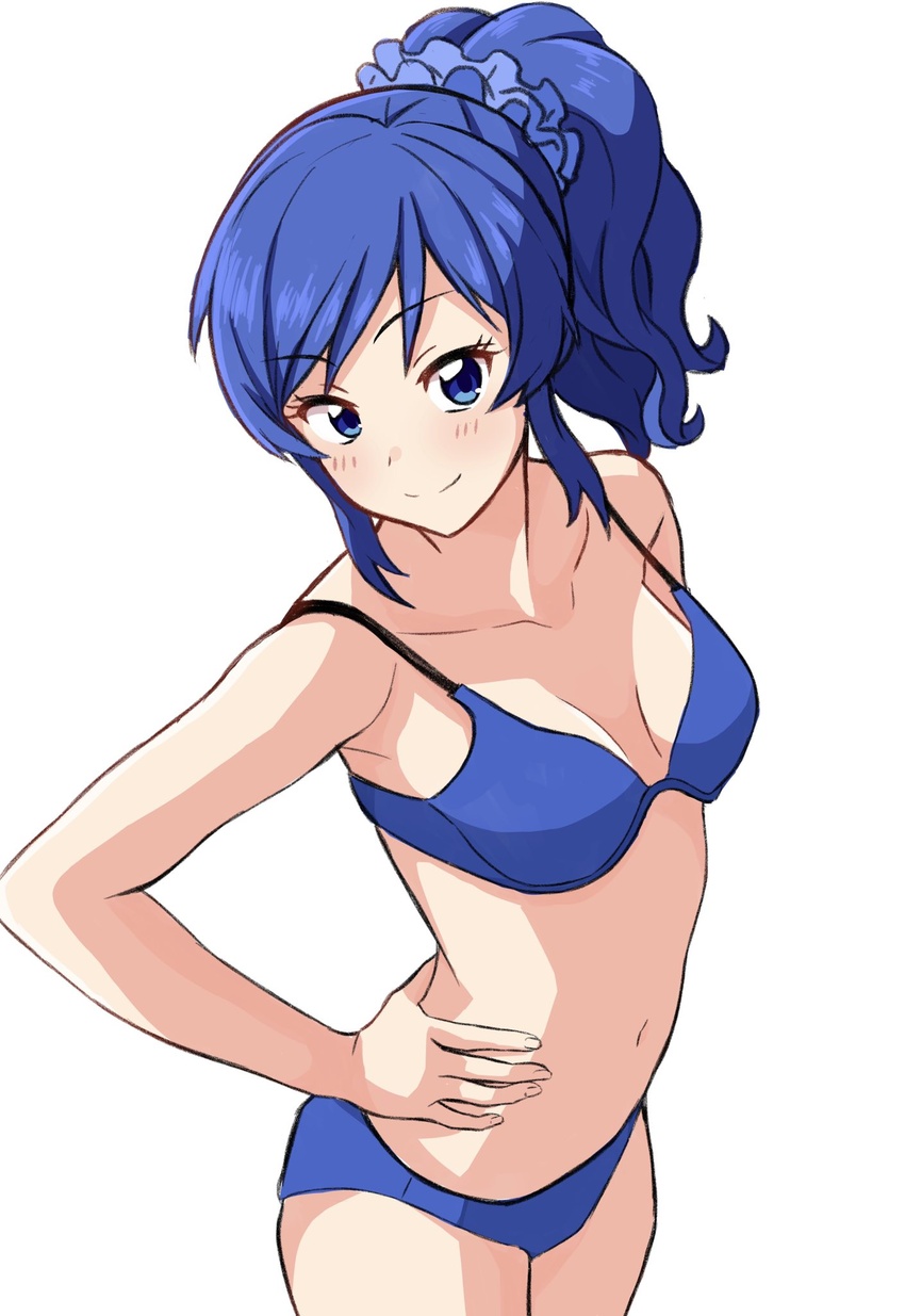 aikatsu! aikatsu!_(series) blue_bra blue_eyes blue_hair blue_panties blue_scrunchie bra breasts cleavage closed_mouth collarbone cowboy_shot female hair_ornament hair_scrunchie hand_on_own_hip highres kiriya_aoi kousuke0912 long_hair navel panties ponytail scrunchie simple_background small_breasts smile solo standing underwear underwear_only white_background