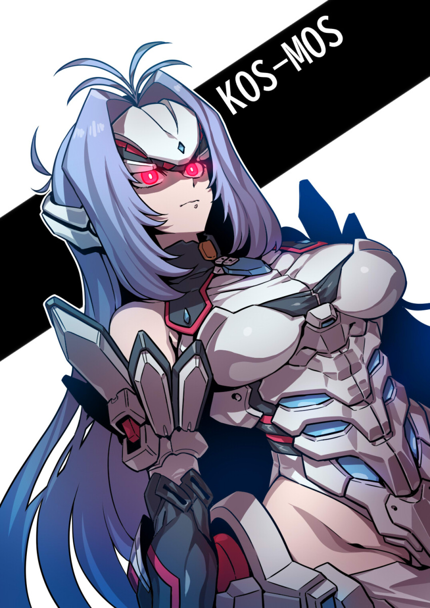 android blue_hair breasts closed_mouth elbow_gloves female forehead_protector gloves highres kos-mos kos-mos_re: leotard long_hair red_eyes simple_background solo tukiwani very_long_hair xenoblade_chronicles_(series) xenoblade_chronicles_2 xenosaga