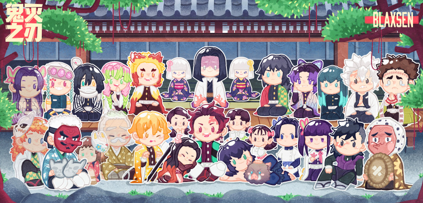 6+boys 6+girls absurdres agatsuma_zenitsu aqua_hair artist_name black_hair blaxsen blonde_hair blue_eyes blunt_bangs boar_mask bow braid brown_eyes brown_hair butterfly_hair_ornament covered_mouth earrings everyone ghost green_eyes green_hair haganezuka_hotaru hair_ornament hairbow hanafuda hand_up haori hashibira_inosuke heterochromia highres himejima_gyoumei iguro_obanai japanese_clothes jewelry kaburamaru kamado_nezuko kamado_tanjirou kanroji_mitsuri kanzaki_aoi_(kimetsu_no_yaiba) kimetsu_no_yaiba kimono kochou_kanae kochou_shinobu kuwajima_jigorou leaf makomo_(kimetsu) mask multicolored_hair multiple_boys multiple_girls nakahara_sumi one_eye_closed outline parted_bangs pink_bow pink_hair purple_eyes purple_hair red_eyes red_hair rengoku_kyoujurou sabito_(kimetsu) sandals scar scar_on_cheek scar_on_face scar_on_forehead shinazugawa_genya shinazugawa_sanemi sitting snake takada_naho tears terauchi_kiyo tokitou_muichirou tomioka_giyuu tree tsuyuri_kanao two-tone_hair ubuyashiki_hinaki ubuyashiki_kagaya ubuyashiki_nichika urokodaki_sakonji uzui_tengen white_hair white_outline white_snake wide_shot yellow_eyes