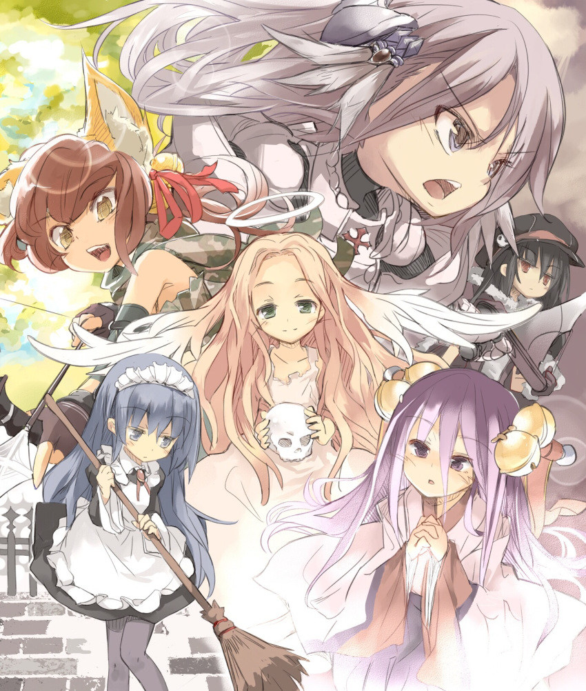 6+girls alice_(ragnarok_online) animal_ears apron armor arrow_(projectile) bell black_dress black_hair black_headwear blonde_hair blue_eyes blue_hair bow_(weapon) breastplate broom brown_cape brown_dress brown_eyes brown_gloves brown_hair cabbie_hat camouflage_scarf cape closed_mouth commentary_request cross cyurin dress dutch_angle feet_out_of_frame fingerless_gloves fox_ears frilled_apron frills fur-trimmed_cape fur_trim gloves green_eyes green_scarf green_tube_top grey_hair grey_legwear hair_bell hair_between_eyes hair_ornament hair_ribbon hair_stick halo hanbok hat hat_ornament head_wings high_wizard_(ragnarok_online) highres holding holding_bow_(weapon) holding_broom holding_skull holding_weapon jewelry jingle_bell juliet_sleeves korean_clothes long_hair long_sleeves looking_at_viewer looking_to_the_side maid maid_headdress mistress_of_shelter multiple_girls open_mouth paladin_(ragnarok_online) pantyhose pauldrons puffy_sleeves purple_eyes purple_hair ragnarok_online ranger_(ragnarok_online) red_eyes red_ribbon ribbon scarf short_hair shoulder_armor skull skull_hat_ornament smile sohee strapless tube_top two-tone_dress very_long_hair weapon white_apron white_dress white_wings wings