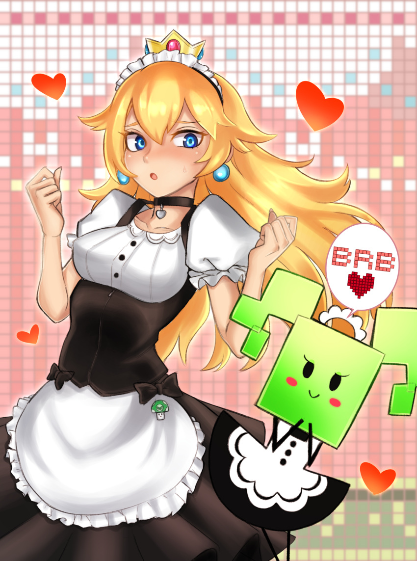 2girls alternate_costume apron blonde_hair blue_eyes blurry blush_stickers breasts choker crown delica_(vinebooru) depth_of_field earrings enmaided heart highres jewelry long_hair maid maid_apron maid_headdress mario_(series) medium_breasts mimi_(paper_mario) multiple_girls open_mouth paper_mario princess_peach puffy_short_sleeves puffy_sleeves short_sleeves super_paper_mario sweatdrop underbust vinesauce vineshroom