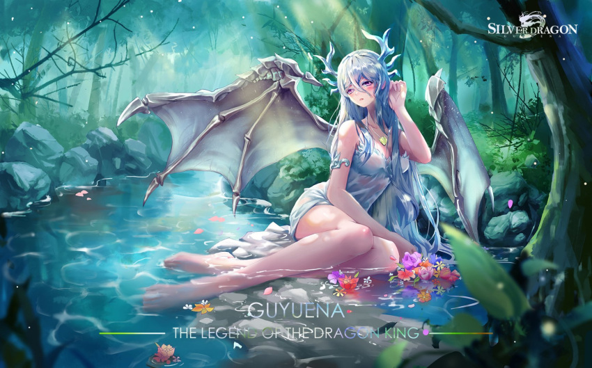 bare_legs barefoot douluo_dalu dragon_horns dragon_wings dress female flower forest gu_yuena highres horns jewelry longwang_chuanshuo_gu_yue_na_tongren_zhuye nature necklace river rock vegetation water wavy_hair wet wet_clothes wet_hair white_dress wings