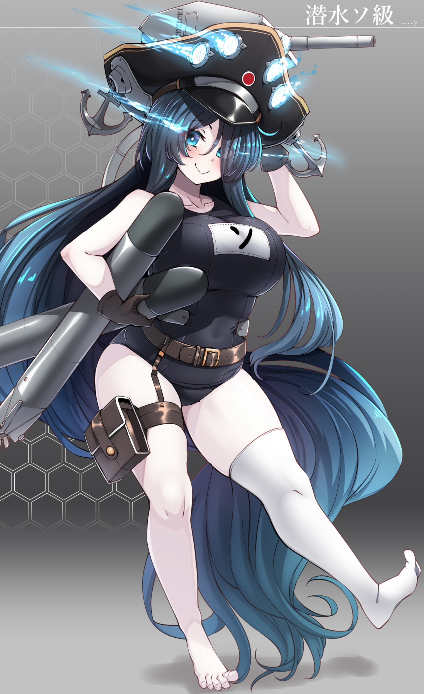 absurdly_long_hair absurdres abyssal_ship anchor arm_up belt belt_pouch black_gloves black_hair blue_eyes blush breasts commentary_request covered_navel female gloves glowing glowing_eyes hat highres holding holding_torpedo kantai_collection konoshige_(ryuun) large_breasts long_hair looking_at_viewer name_tag pale_skin pouch simple_background single_thighhigh smile so-class_submarine solo standing thigh_strap thighhighs torpedo turret very_long_hair white_thighhighs