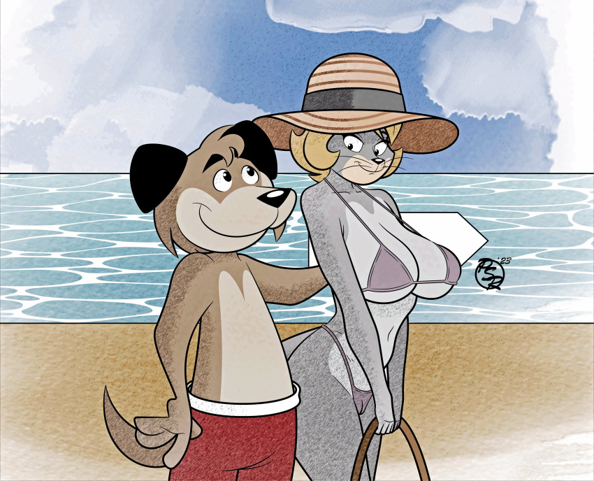 2023 absurd_res anthro arm_around_partner beach bikini biped black_clothing black_topwear blonde_hair brisbybraveheart canid canine canis clothed clothing colored container cup domestic_cat domestic_dog duo felid feline felis female fur grey_body grey_fur hair hat headgear headwear hi_res holding_object larger_female male male/female mammal open_mouth pierre_redmon purple_bikini purple_clothing purple_swimwear red_clothing red_swimming_trunks red_swimwear romantic romantic_couple seaside shirt simple_background sitting size_difference smaller_male sun_hat swimming_trunks swimwear tail talking_to_another tiffany_clawford topwear whiskers