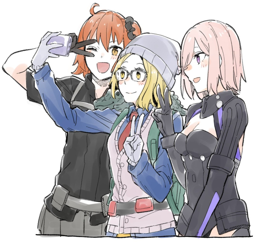 3girls ;d ahoge alligator animal animal_on_shoulder armor beanie belt black_armor black_belt black_scrunchie black_shirt blonde_hair blue_shirt blush breastplate buttons cardigan_vest cellphone closed_mouth collared_shirt commentary crocodilian fate/grand_order fate_(series) fujimaru_ritsuka_(female) fujimaru_ritsuka_(female)_(polar_chaldea_uniform) glasses gloves grey_belt grey_headwear hair_ornament hair_over_one_eye hair_scrunchie hat holding holding_phone long_sleeves mash_kyrielight mash_kyrielight_(ortenaus) multiple_girls naosuke_(morioka_shachuu) necktie one_eye_closed one_eye_covered open_mouth orange_hair paul_bunyan_(fate) phone pink_hair purple_eyes red_necktie scrunchie selfie shirt short_hair short_sleeves side_ponytail simple_background smile super_bunyan_(fate) super_bunyan_(second_ascension)_(fate) taking_picture v vest white_background white_gloves white_vest yellow_eyes