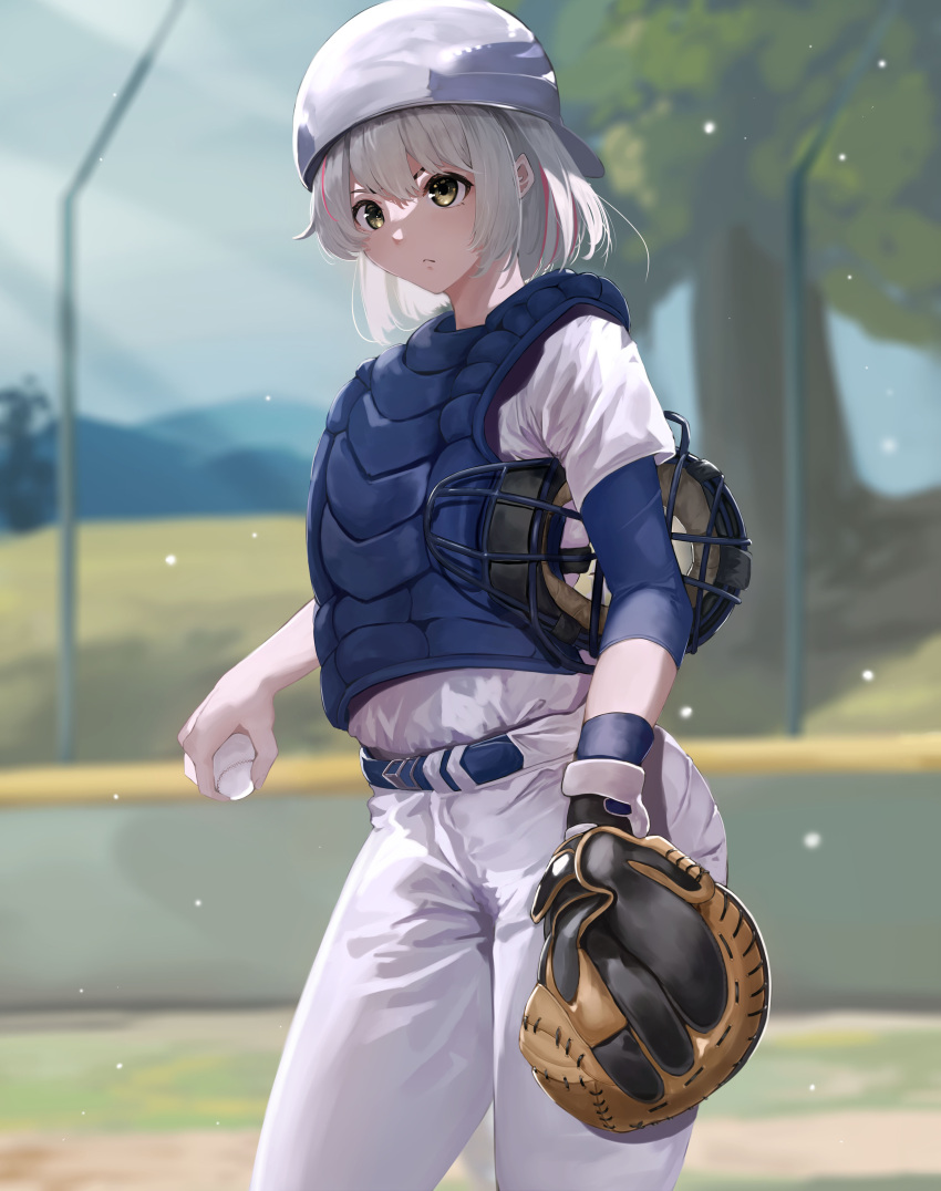 absurdres backwards_hat ball baseball baseball_cap baseball_mitt baseball_uniform catcher's_mask catcher_(baseball) commentary female green_eyes grey_hair hair_behind_ear hat helmet highres holding holding_ball miyu_ottavia multicolored_hair nijisanji nijisanji_id outdoors pants pencamp purple_hair short_hair solo sportswear streaked_hair virtual_youtuber white_hat white_pants