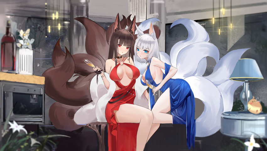 2girls akagi_(azur_lane) akagi_(ruby-laced_beauty)_(azur_lane) animal_ear_fluff animal_ears azur_lane blue_dress blue_eyes breasts brown_hair brown_tail center_opening champagne_flute cleavage clkfmbing cocktail_dress cup dress drinking_glass evening_gown feather_boa flower fox_girl halter_dress halterneck highres indoors innerboob kaga_(azur_lane) kaga_(exalted_white_wings)_(azur_lane) kitsune kyuubi large_breasts large_tail looking_at_viewer manjuu_(azur_lane) multiple_girls multiple_tails o-ring_dress official_alternate_costume red_dress red_eyes short_hair sideboob tail white_flower white_tail