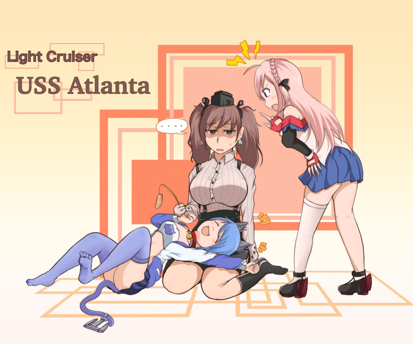 ... 3girls ahoge anchor animal_ears atlanta_(azur_lane) atlanta_(kancolle) atlanta_(mod)_(warship_girls_r) atlanta_(warship_girls_r) azur_lane bandeau black_socks blue_hair blue_thighhighs blush braid breasts brown_hair cat_teaser character_name commentary_request crossover crown_braid earrings fake_animal_ears fingerless_gloves garrison_cap gloves grey_eyes hat high-waist_skirt highres hisan historical_name_connection jacket jewelry kantai_collection lap_pillow large_breasts long_hair long_sleeves multiple_girls name_connection open_mouth pink_hair shaded_face short_hair single_thighhigh sitting skirt smile socks spoken_ellipsis star_(symbol) star_earrings strapless suspender_skirt suspenders sweatdrop thighhighs twintails wariza warship_girls_r white_thighhighs