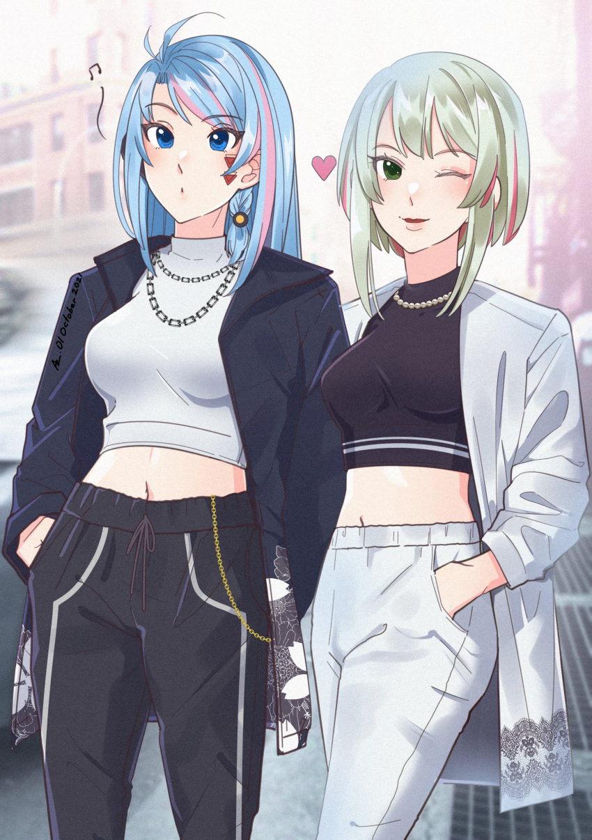 2girls :o absurdres alternate_costume aztree azura_cecillia black_jacket black_pants blue_eyes blue_hair blush breasts commentary english_commentary green_eyes grey_hair grey_jacket grey_pants hand_in_pocket heart highres jacket jewelry long_hair looking_up medium_breasts miyu_ottavia multicolored_hair multiple_girls musical_note necklace nijisanji nijisanji_id one_eye_closed open_mouth pants pink_hair short_hair smile streaked_hair streetwear sweatpants virtual_youtuber