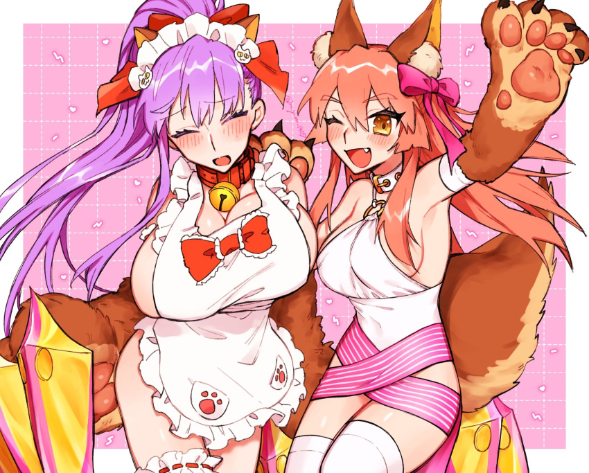 2girls animal_ear_fluff animal_ears animal_hands apron bell blush breasts cat_hair_ornament cat_paws claw_(weapon) claws closed_mouth collar cosplay costume_switch embarrassed fate/extra fate/extra_ccc fate/grand_order fate_(series) fox_ears fox_girl fox_tail gloves hair_ornament hair_ribbon highres huge_breasts jingle_bell koyuki_suzu multiple_girls naked_apron neck_bell o-ring o-ring_top oerba_yun_fang open_mouth passionlip_(fate) passionlip_(fate)_(cosplay) passionlip_(third_ascension)_(fate) paw_gloves pink_hair pink_ribbon purple_hair purple_ribbon ribbon tail tamamo_(fate) tamamo_cat_(fate) tamamo_cat_(fate)_(cosplay) tamamo_cat_(third_ascension)_(fate) tamamo_cat_(third_ascension)_(fate)_(cosplay) weapon yellow_eyes