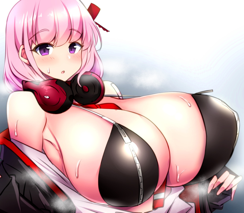 alternate_breast_size bandaid bandaid_on_shoulder between_breasts bikini bikini_top_only blue_archive breasts eimi_(blue_archive) female futoshi headphones headphones_around_neck highres huge_breasts looking_at_viewer necktie necktie_between_breasts pink_hair purple_eyes sideboob solo sweat swimsuit zipper zipper_pull_tab