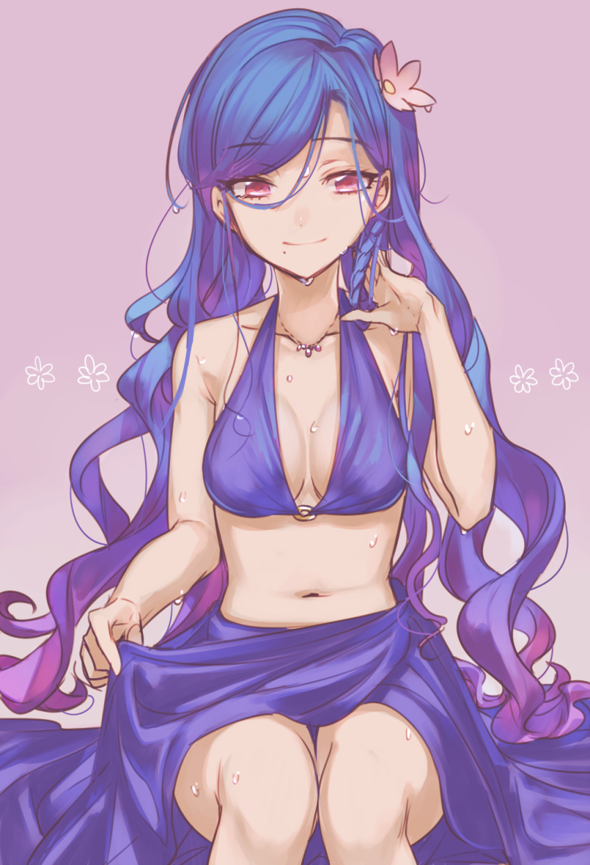 aikatsu! aikatsu!_(series) bare_arms bikini blue_hair braid breasts cleavage closed_mouth collarbone female flower gradient_hair hair_between_eyes hair_flower hair_ornament hand_in_own_hair highres jewelry kazesawa_sora long_hair looking_at_viewer medium_breasts mole mole_under_mouth multicolored_hair navel necklace pink_eyes pink_flower purple_background purple_bikini purple_hair sarong single_braid sitting smile solo swimsuit thigh_gap very_long_hair wata_(attaka_towel)