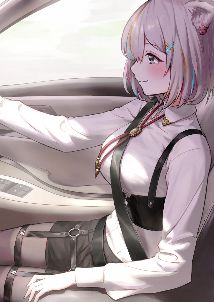 absurdres animal_ears black_shorts blonde_hair blue_hair blush breasts car_interior closed_mouth collared_shirt corset ear_piercing female from_side grey_eyes grey_hair grey_pantyhose hair_ornament highres hololive large_breasts lion_ears long_sleeves looking_away multicolored_hair nemoto_yuuma official_alternate_costume official_alternate_hair_length official_alternate_hairstyle pantyhose piercing purple_hair seatbelt shirt shishiro_botan shishiro_botan_(button-down) short_hair shorts sitting smile solo streaked_hair virtual_youtuber white_shirt x_hair_ornament