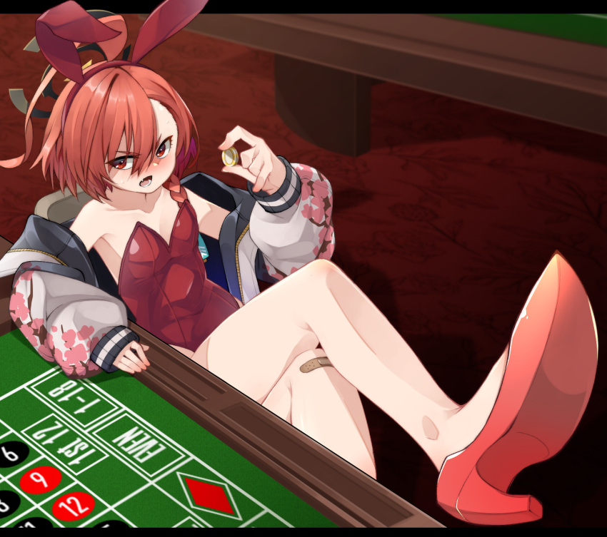 ahoge animal_ears armpits bandaid bandaid_on_knee bandaid_on_leg bare_shoulders blue_archive blush braid casino casino_card_table collarbone commentary_request crossed_legs datemegane eyes_visible_through_hair fake_animal_ears female hair_between_eyes hairband high_heels highleg highleg_leotard highres jacket leotard long_sleeves looking_at_viewer neru_(blue_archive) neru_(bunny)_(blue_archive) official_alternate_costume playboy_bunny rabbit_ears red_eyes red_hair red_leotard short_hair sidelocks single_braid sitting solo strapless strapless_leotard sukajan table v-shaped_eyebrows