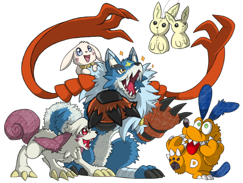 4:3 ambiguous_gender anthro bandai_namco blue_body blue_fur claws clothing digimon digimon_(species) dogmon feral fur gaogamon gloves group handwear labramon orange_body orange_fur portugueselynx quadruped salamon sharp_teeth simple_background teeth tongue toony white_background white_body white_fur