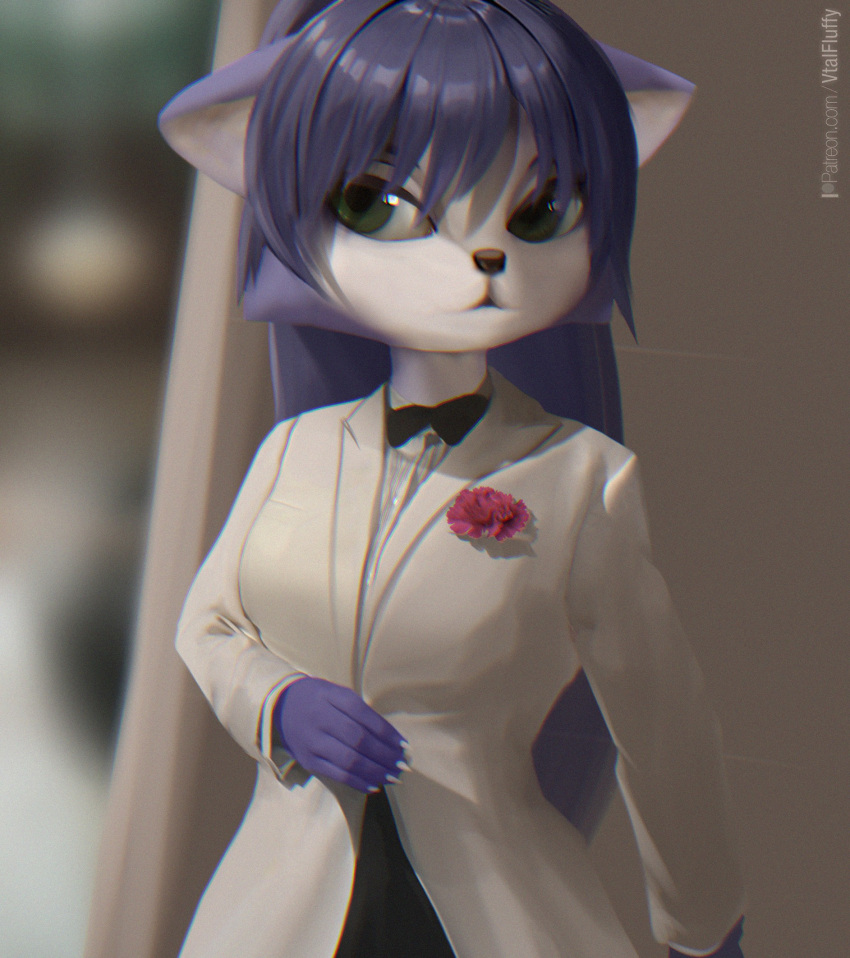 007 2023 anthro blue_body blue_fur bow_tie canid canine clothing female flower fox fur green_eyes hair hi_res jacket james_bond krystal_(star_fox) long_hair mammal nintendo plant red_flower star_fox suit topwear v-tal white_clothing white_suit