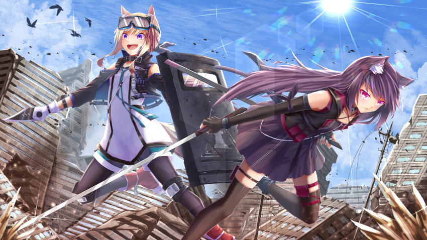 2girls absurdres animal_ear_fluff animal_ears arknights bird black_pantyhose black_thighhighs blonde_hair cardigan_(arknights) crudefish fingerless_gloves gloves goggles goggles_on_head highres lens_flare light_particles long_hair melantha_(arknights) multiple_girls open_mouth outdoors pantyhose pink_eyes purple_eyes red_footwear riot_shield ruins shield tail teeth thighhighs upper_teeth_only utility_pole white_gloves