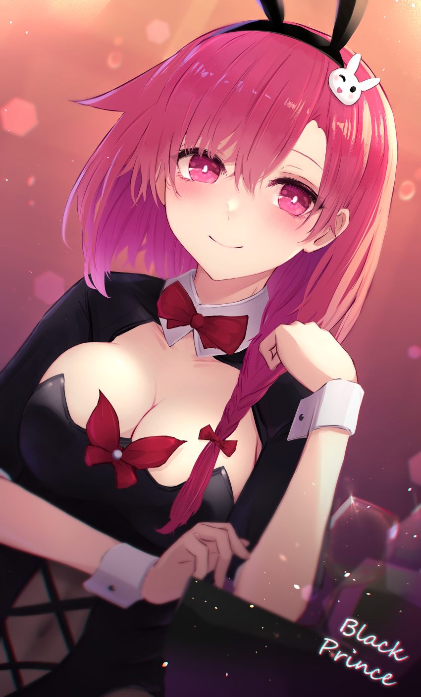 absurdres animal_ears azur_lane black_prince_(addled_attendant?)_(azur_lane) black_prince_(azur_lane) braid breasts character_name cleavage commentary_request commission female hair_between_eyes hair_ornament highres large_breasts looking_at_viewer pink_eyes pink_hair pixiv_commission playboy_bunny rabbit_ears reizouko short_sleeves smile