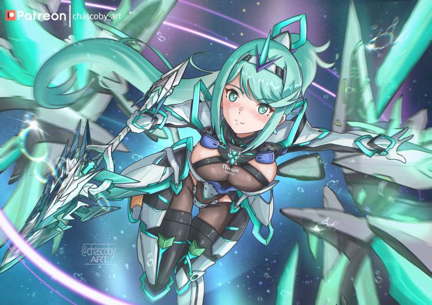 aegis_sword_(xenoblade) artist_name breasts chascoby chest_jewel earrings female gem gloves greek_text green_eyes green_hair high_heels highres jewelry large_breasts long_hair patreon_logo patreon_username pneuma_(xenoblade) ponytail solo swept_bangs tiara very_long_hair xenoblade_chronicles_(series) xenoblade_chronicles_2