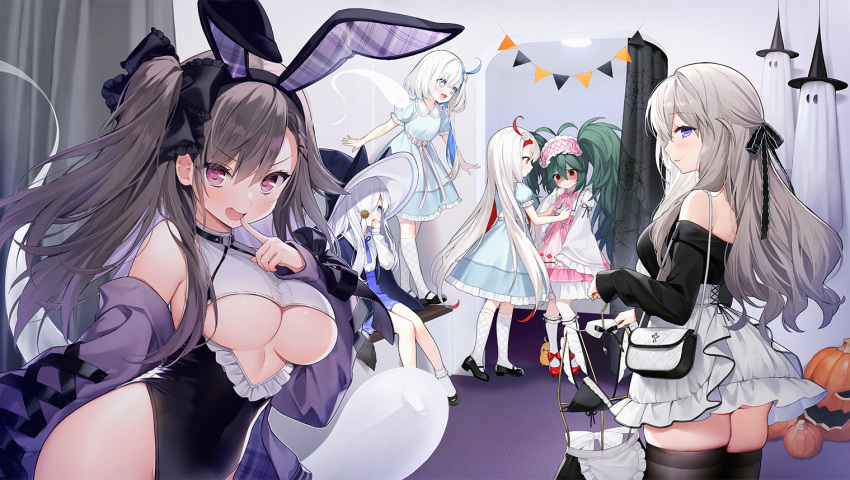 >_< +_+ 6+girls ahoge animal_ears azur_lane bag bare_shoulders black_footwear black_leotard black_ribbon black_shirt blue_dress blue_eyes blue_hair blush breasts brown_hair byulzzi changing_room checkered commentary_request dress fake_animal_ears finger_to_mouth frilled_dress frills from_side green_hair grey_hair hair_between_eyes hair_over_one_eye hair_ribbon halloween_costume hat high-waist_skirt holding holding_bag indoors jacket kasumi_(azur_lane) large_breasts layered_dress leotard libeccio_(azur_lane) long_hair looking_at_viewer maestrale_(azur_lane) manjuu_(azur_lane) medium_breasts miniskirt multicolored_hair multiple_girls murmansk_(azur_lane) off-shoulder_shirt off_shoulder official_alternate_costume official_art open_clothes open_jacket open_mouth pamiat_merkuria_(azur_lane) pink_dress pink_ribbon puffy_short_sleeves puffy_sleeves purple_eyes purple_jacket purple_skirt rabbit_ears red_eyes red_footwear red_hair ribbon shirt short_hair_with_long_locks short_sleeves siblings sitting skindentation skirt socks standing streaked_hair thighhighs torricelli_(azur_lane) twins twintails underboob very_long_hair white_bag white_dress white_hair white_skirt white_socks wide_sleeves witch_hat zettai_ryouiki