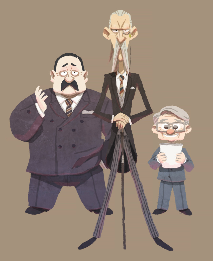 3boys absurdres black_hair cane facial_hair formal glasses grey_hair henry_henderson highres hyogonosuke male_focus monocle moustache multiple_boys murdoch_swan necktie no_lineart old old_man simple_background spy_x_family striped_necktie suit teacher walter_evans