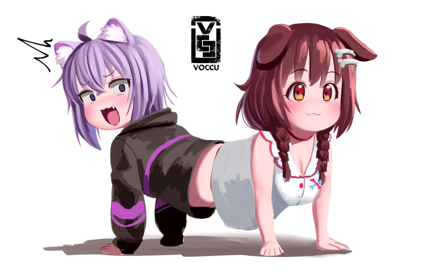 /\/\/\ 2girls :3 :d absurdres ahoge all_fours animal_ear_fluff animal_ears bangs black_hoodie bone_hair_ornament breasts brown_eyes brown_hair cartoon_bone cat_girl catdog collar conjoined dog_ears dog_girl dress empty_eyes highres hololive hololive_gamers inugami_korone looking_back low_twin_braids medium_breasts midriff multiple_girls nekomata_okayu no_feet oerba_yun_fang open_mouth purple_eyes purple_hair red_collar small_breasts smile smug surprised virtual_youtuber voccu white_background white_dress