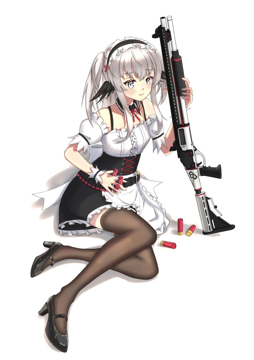 absurdres black_thighhighs bullet chiem_(vtuber) closed_mouth collarbone commission detached_sleeves feathered_wings full_body grey_eyes grey_hair gun hairband high_heels highres indie_virtual_youtuber medium_hair neck_ribbon painlnajar puffy_short_sleeves puffy_sleeves ribbon shadow short_sleeves sitting solo thighhighs two_side_up virtual_youtuber weapon white_background wings wrist_cuffs